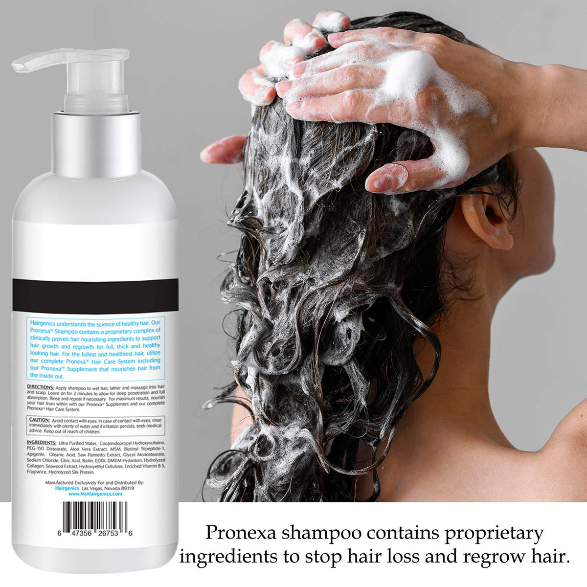 Person applying Pronexa shampoo in shower showing scalp massage benefit
