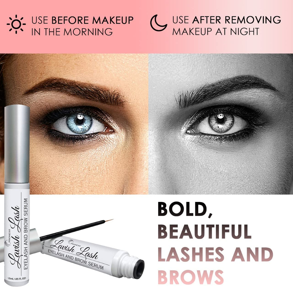 Pronexa Lavish Lash before and after photos showing visible lash improvement