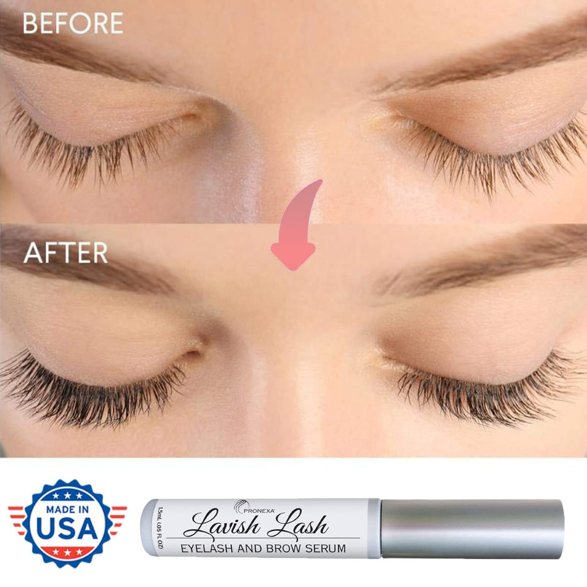 Pronexa Lavish Lash applied to eyebrow sparse area showing regrowth focus
