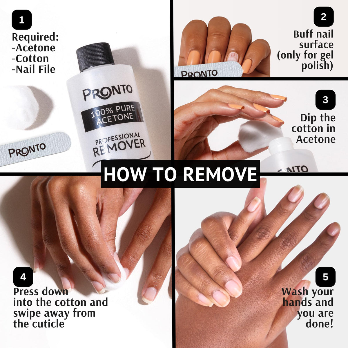 Pronto in-use: cotton wrap on nail being soaked for effective gel and acrylic removal