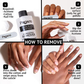 Pronto in-use: cotton wrap on nail being soaked for effective gel and acrylic removal