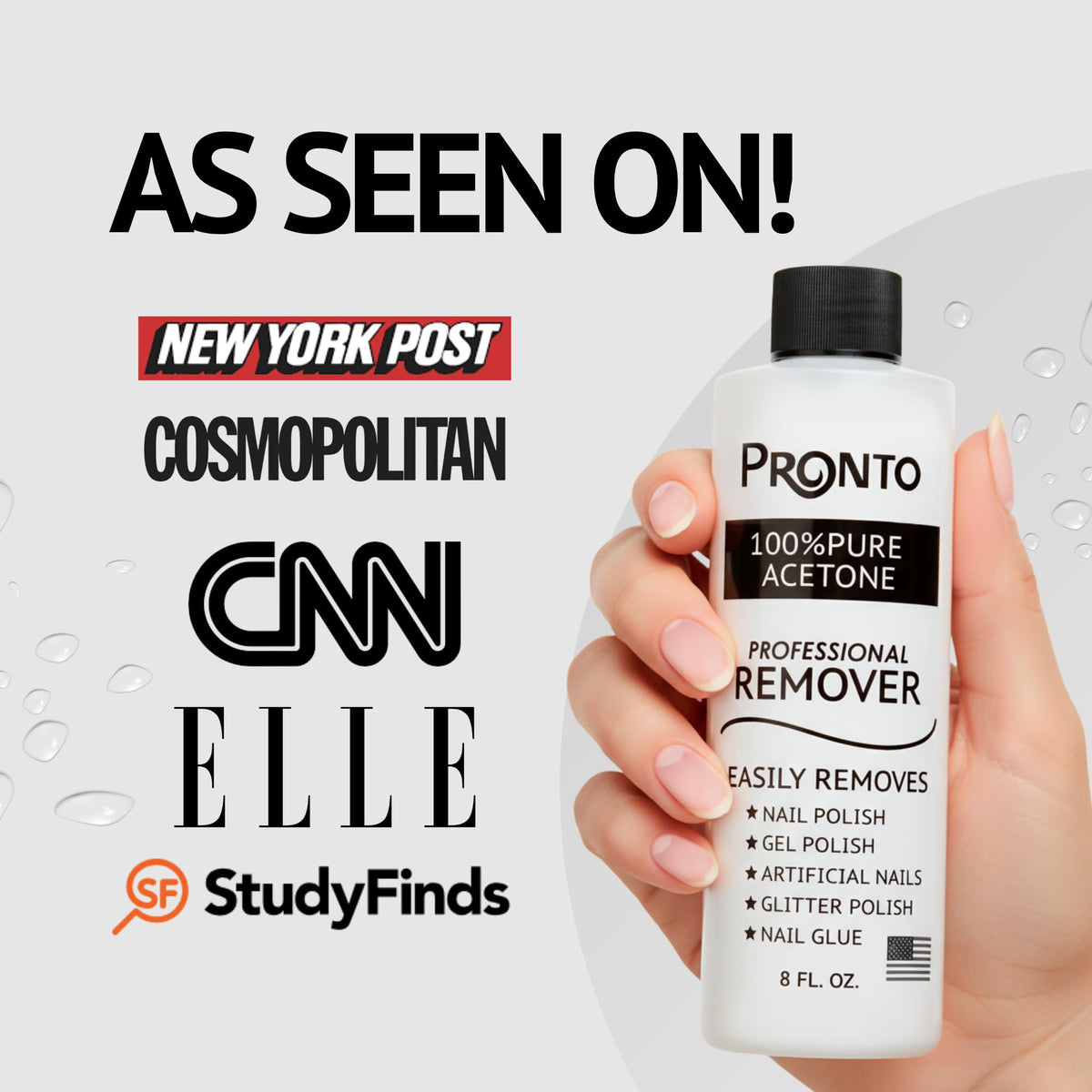 Pronto acetone droplet on surface to show liquid clarity and fast-dissolving action
