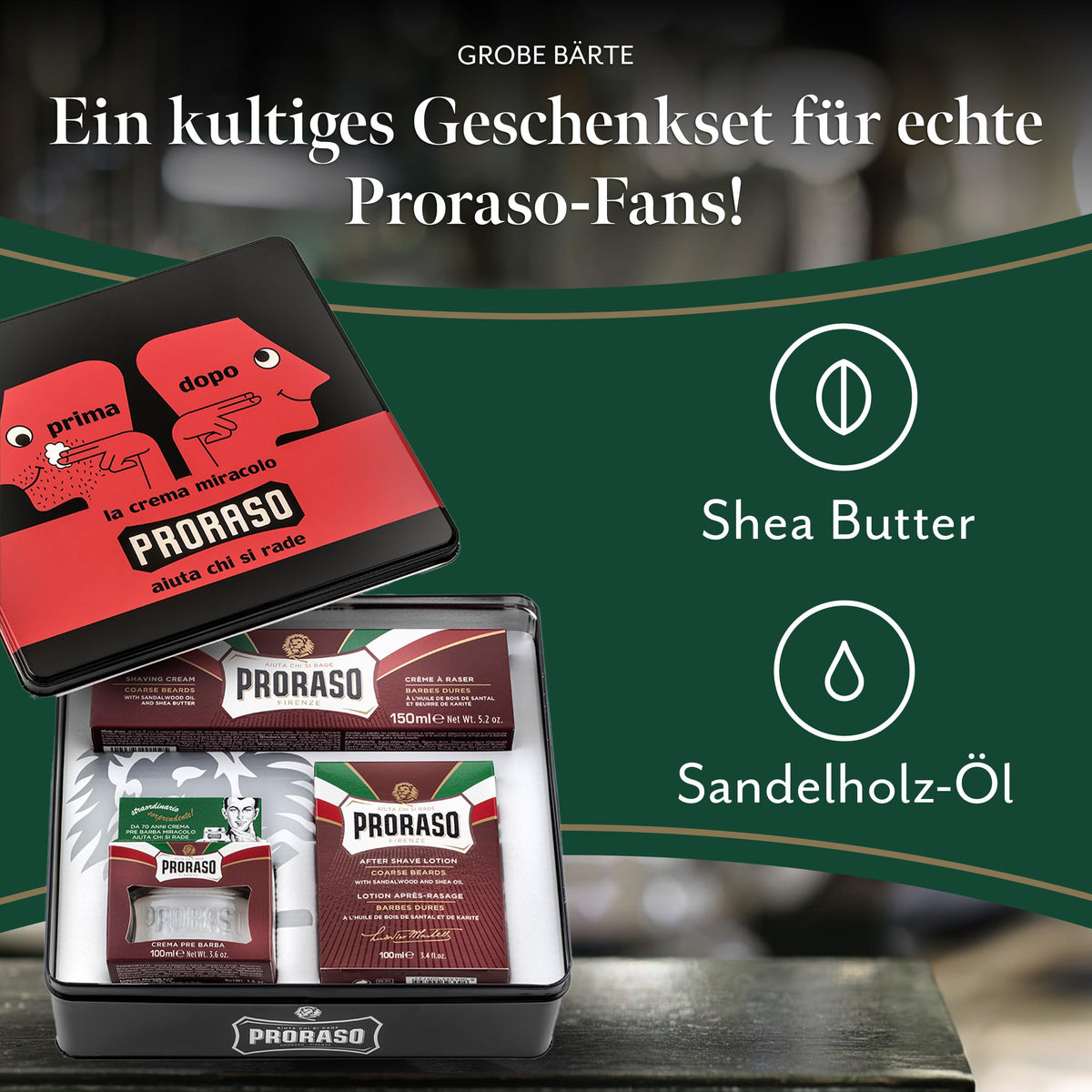 Proraso pre-shave cream tube detail demonstrating fast-absorbing softening action