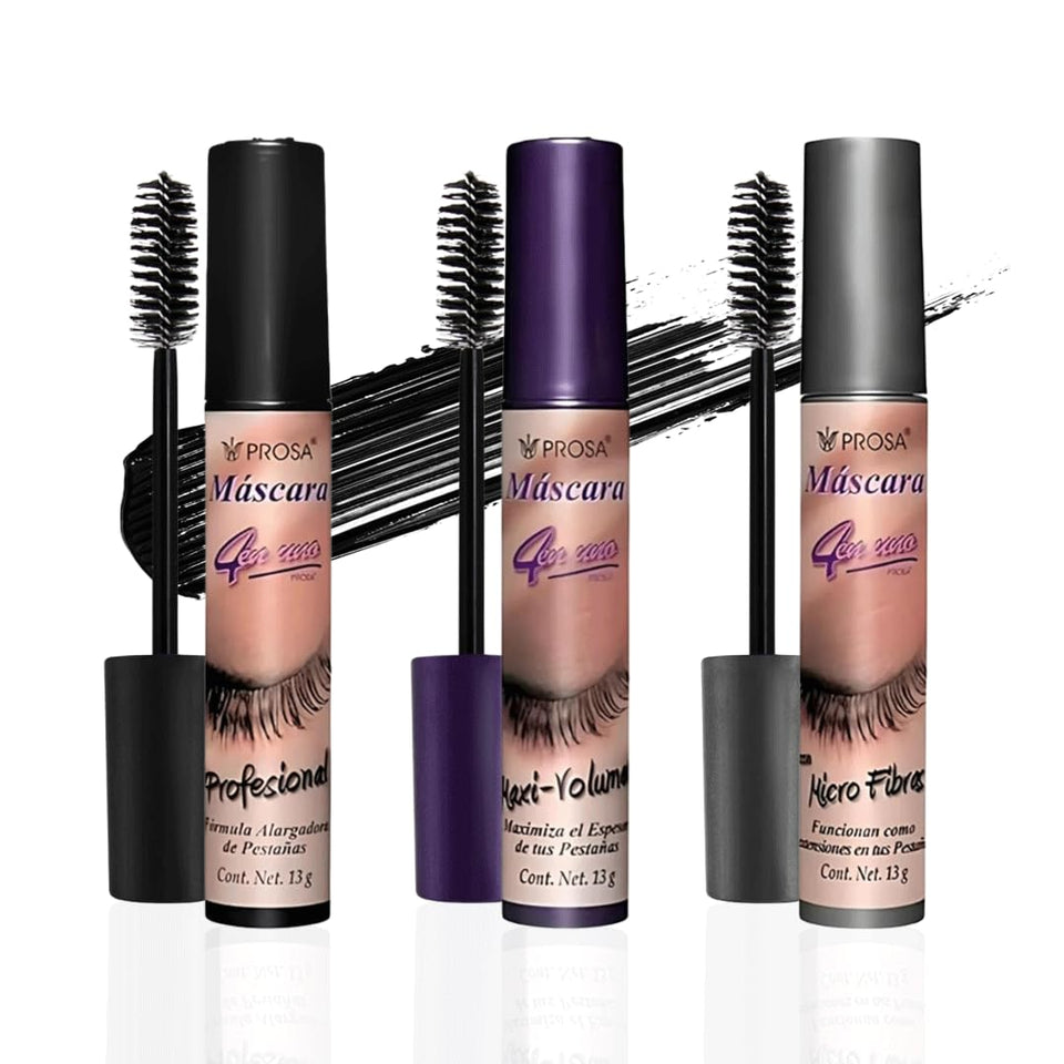 Prosa mascara three-pack front packaging showing sleek tubes and benefits