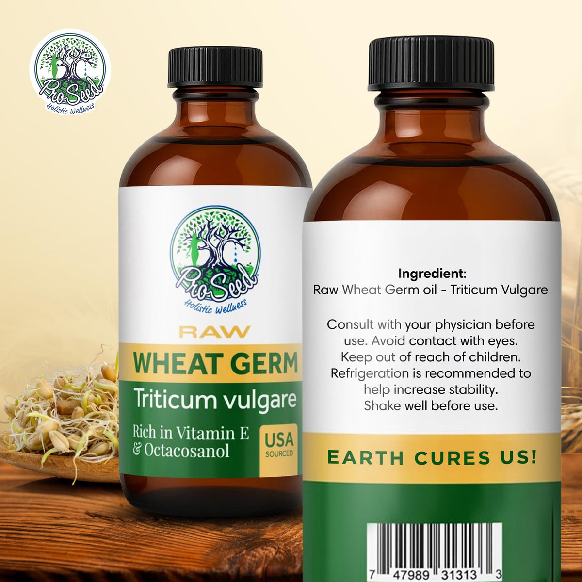 ProSeed Holistic Wellness raw wheat germ seeds beside bottle illustrating natural ingredient benefit