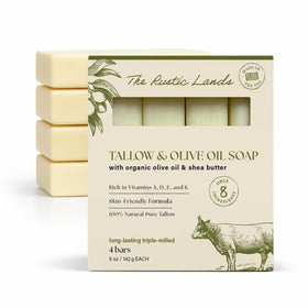 PROVENCE ESSENTIALS front packaging showing four tallow soap bars and recyclable box for easy storage