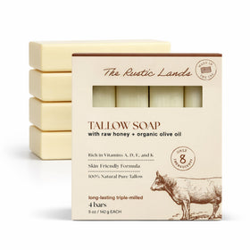 PROVENCE ESSENTIALS front packaging showing four tallow soap bars and labeling benefits