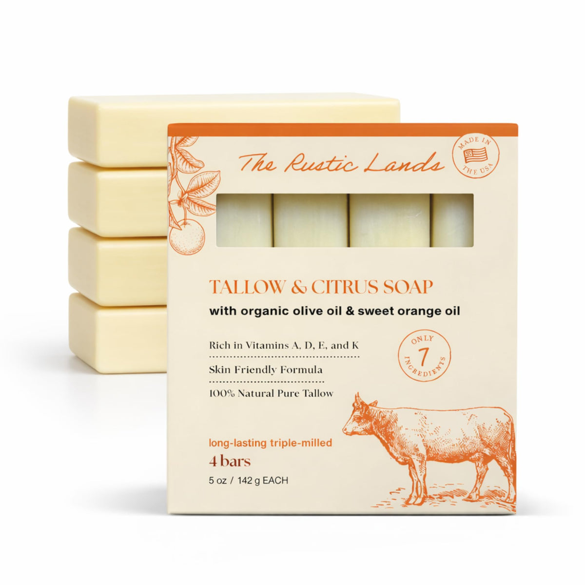 PROVENCE ESSENTIALS front packaging showing four tallow soap bars and citrus branding for freshness