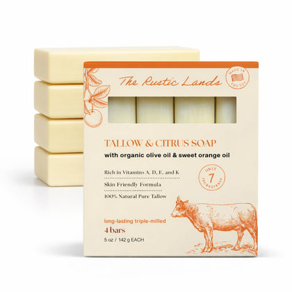 PROVENCE ESSENTIALS front packaging showing four tallow soap bars and citrus branding for freshness