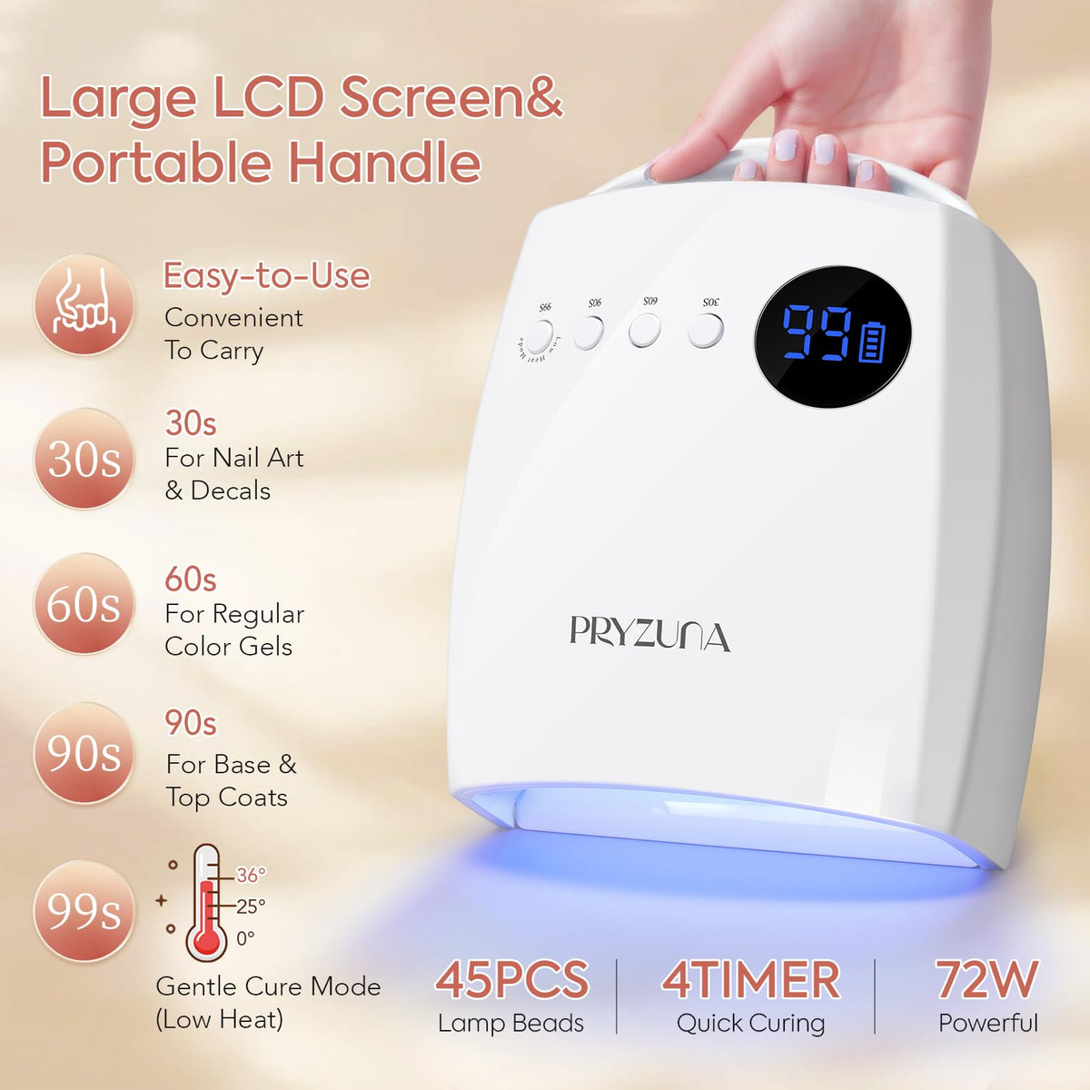 PRYZUNA lamp with foot inside demonstrating pedicure-friendly height benefit