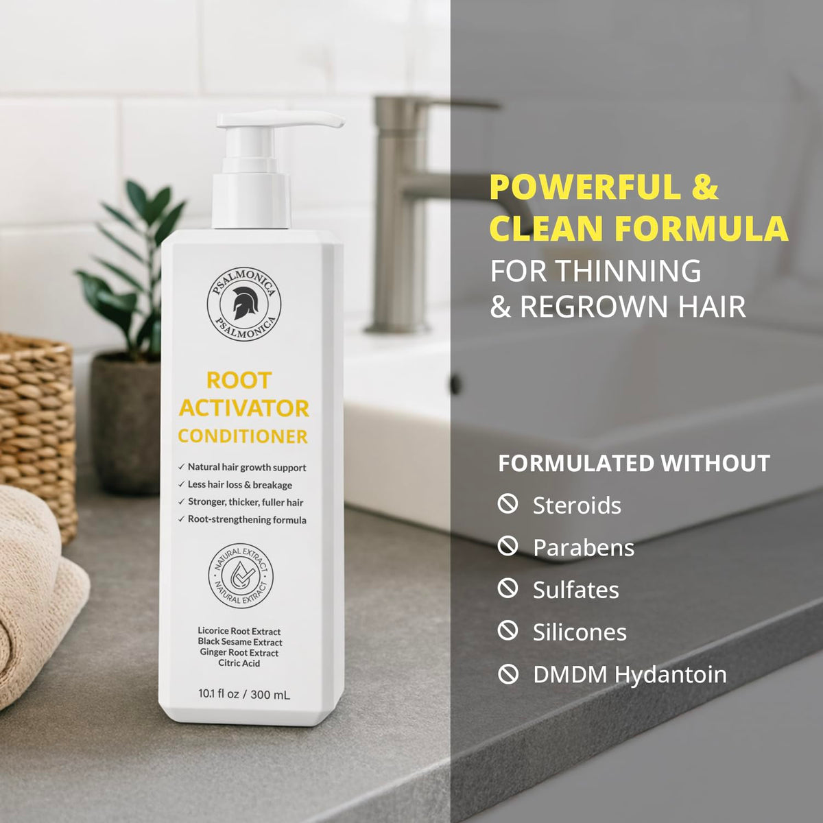 Psalmonica rinsed hair showing fuller-looking volume and shine