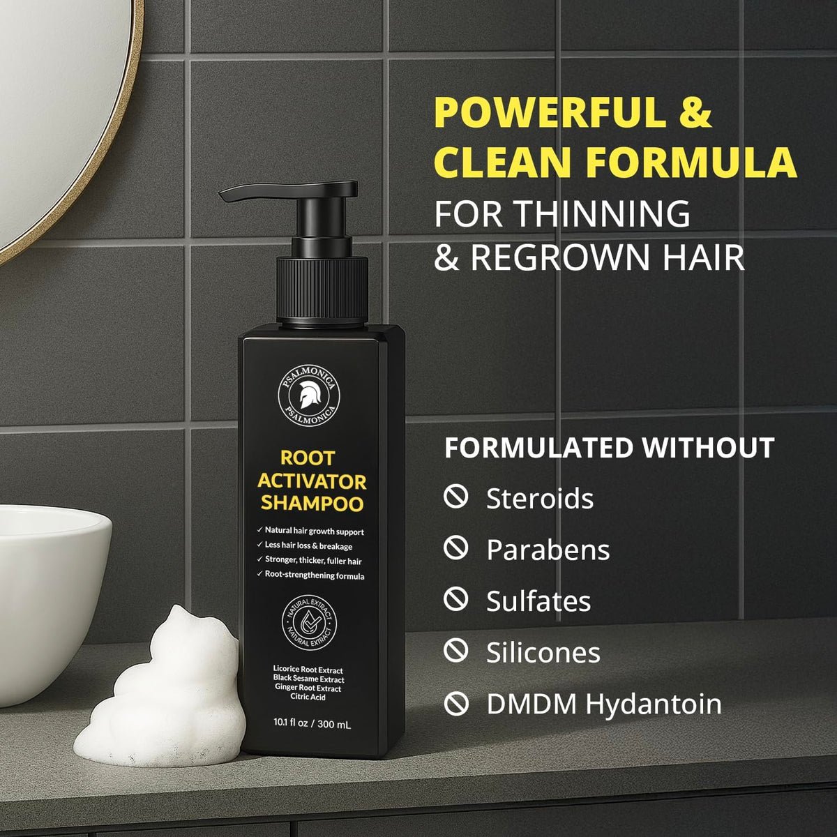 Psalmonica lather applied to scalp during wash, indicates effective cleansing