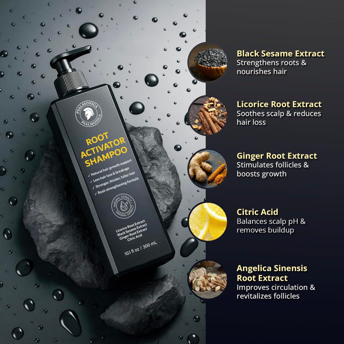 Psalmonica botanical ingredients display with ginger and herbs, shows natural formula
