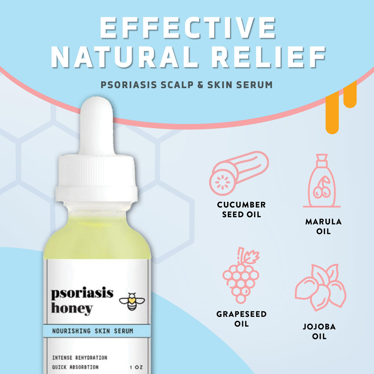 PSORIASIS HONEY pipette detail dispensing serum for precise, mess-free application to dry patches