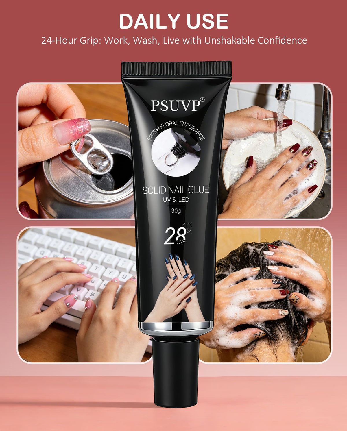PSUVP application with press-on nail showing easy positioning and secure bonding