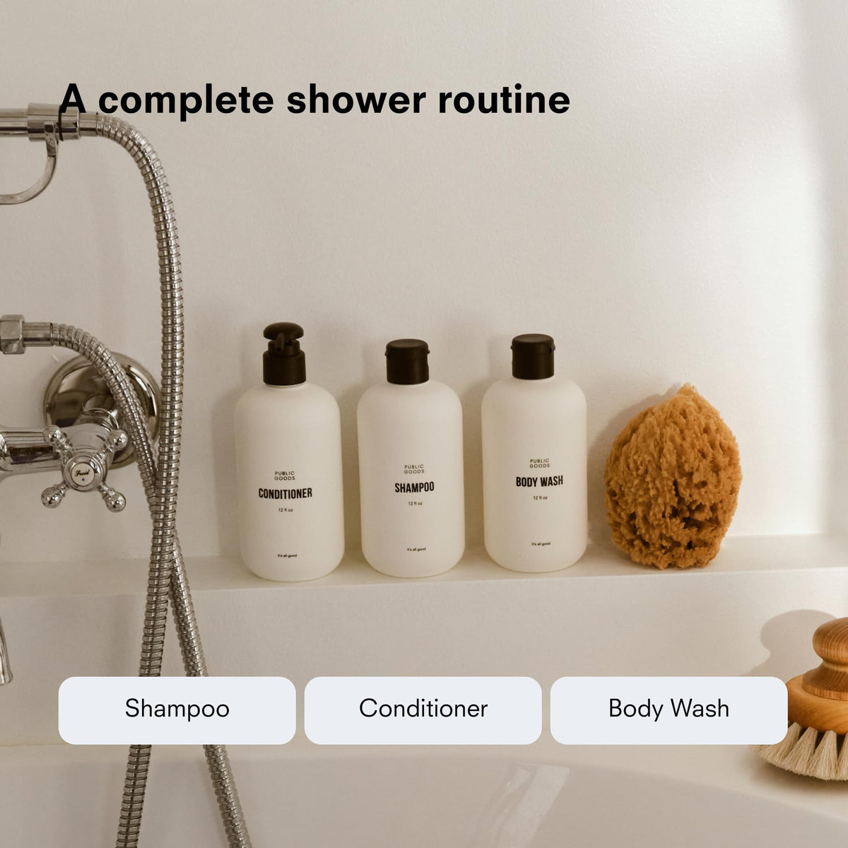 Public Goods body wash lather on skin showing gentle cleansing and non-drying comfort benefit