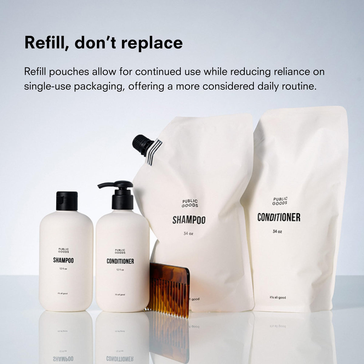 Public Goods 34 fl oz next to 12 oz bottle showing refill savings benefit