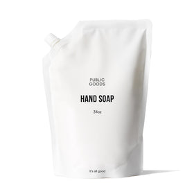 Public Goods hand soap front packaging showing refill bottle and branding benefit eco-friendly