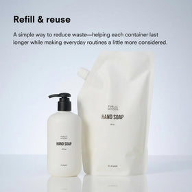 Public Goods hand soap on kitchen counter with hand towel showing clean fresh citrus scent