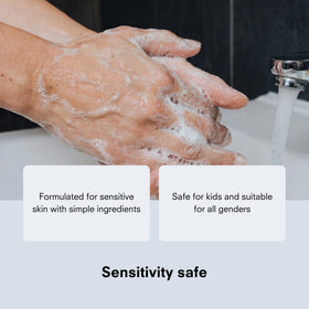 Public Goods hand soap being poured into a pump bottle showing refill ease and waste reduction