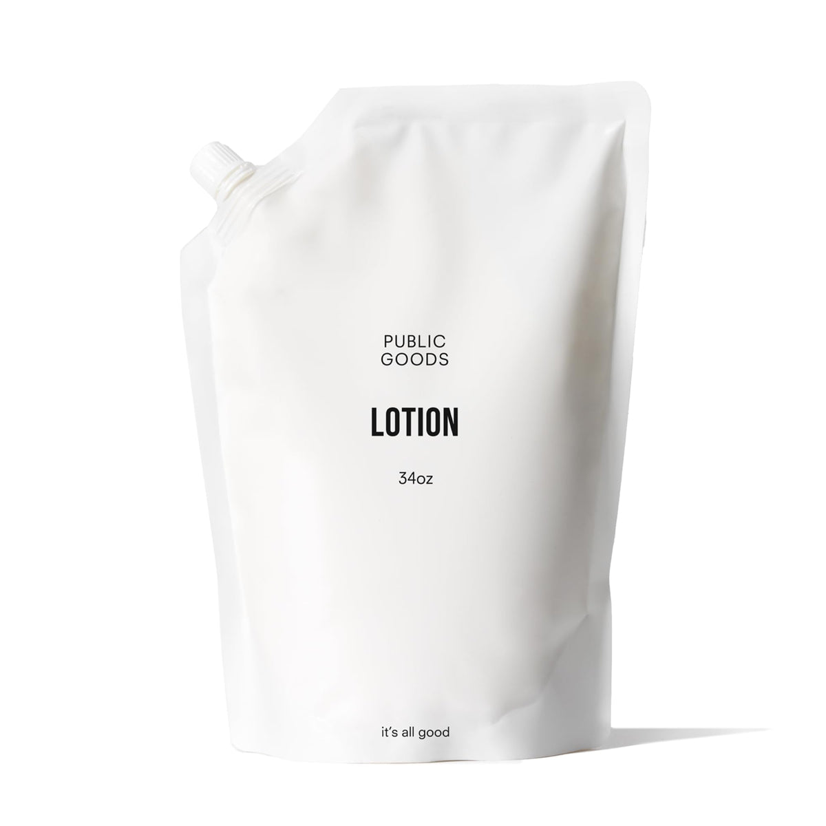 Public Goods lotion front view showing 34 oz refill and clear branding, eco benefit