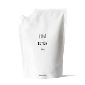 Public Goods lotion front view showing 34 oz refill and clear branding, eco benefit