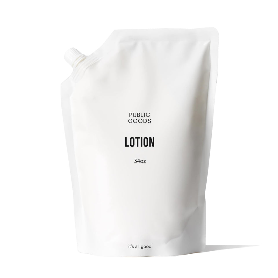 Public Goods lotion front view showing 34 oz refill and clear branding, eco benefit
