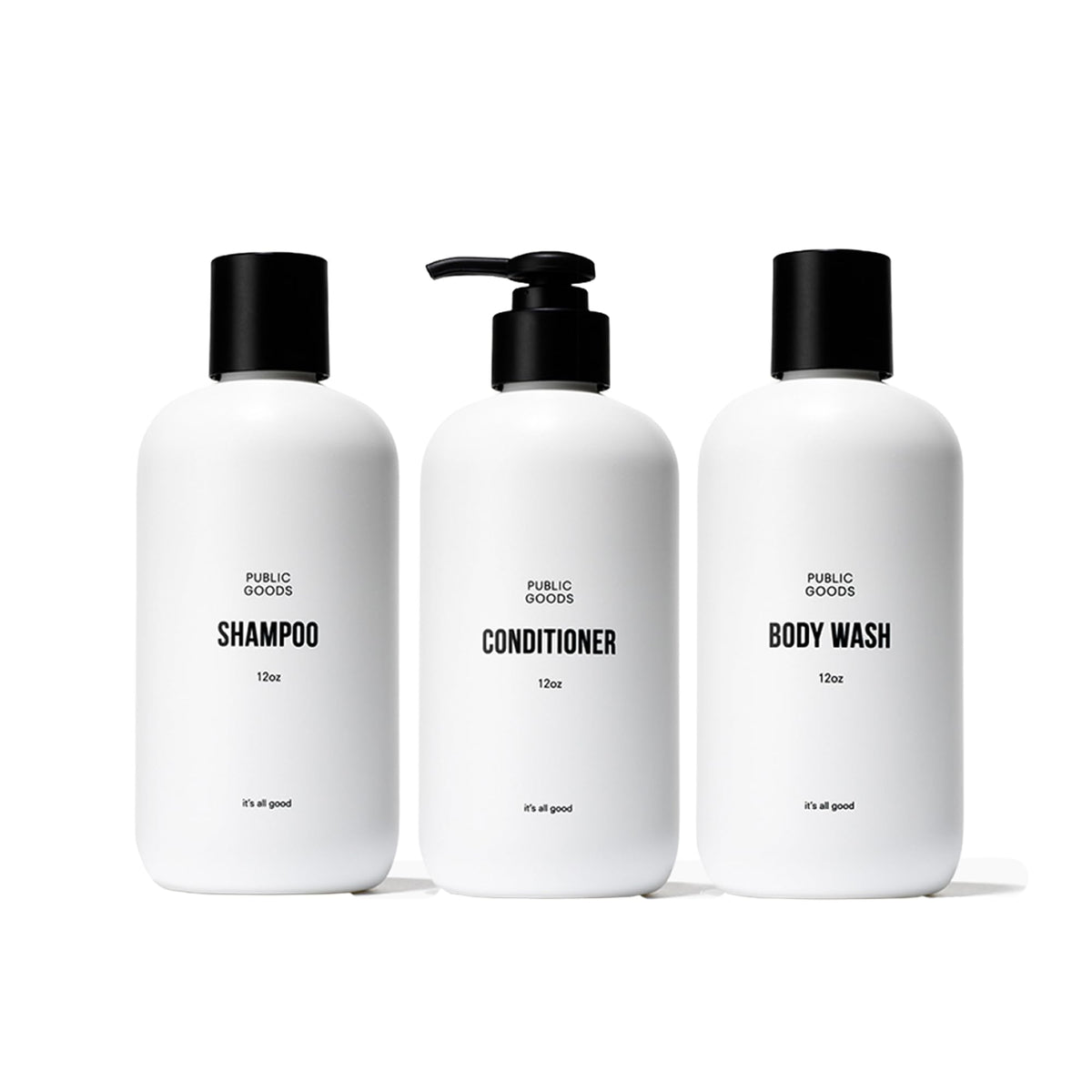 Public Goods front packaging trio showing clean design and recyclable bottles benefit eco-friendly choice