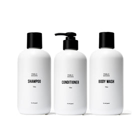 Public Goods front packaging trio showing clean design and recyclable bottles benefit eco-friendly choice