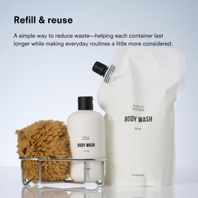Public Goods in-shower lifestyle image showing refreshing citrus-herbal scent