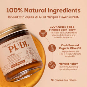 PUDL ingredients flatlay with tallow, Manuka honey and oils for purity