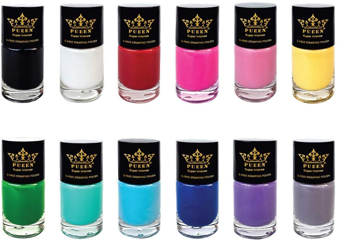PUEEN front view of 12-color stamping polish set showing color range and packaging benefit