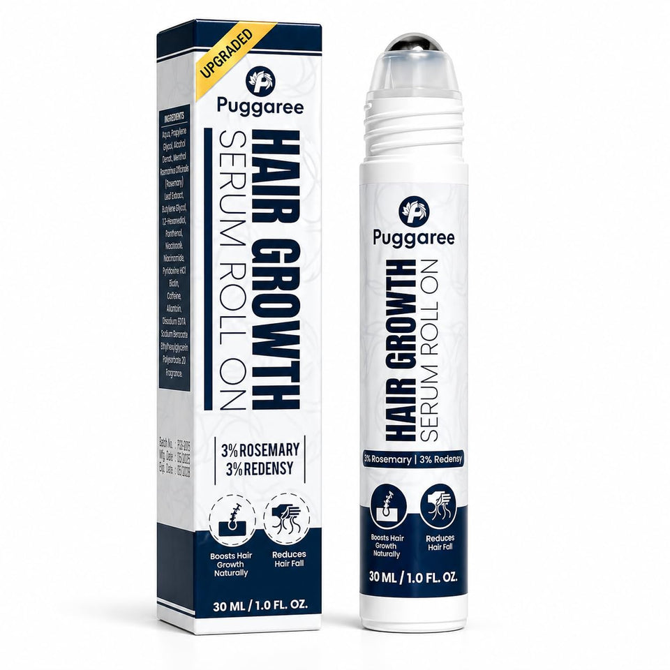 Puggaree front packaging of roll-on serum showing bottle and label promoting easy application