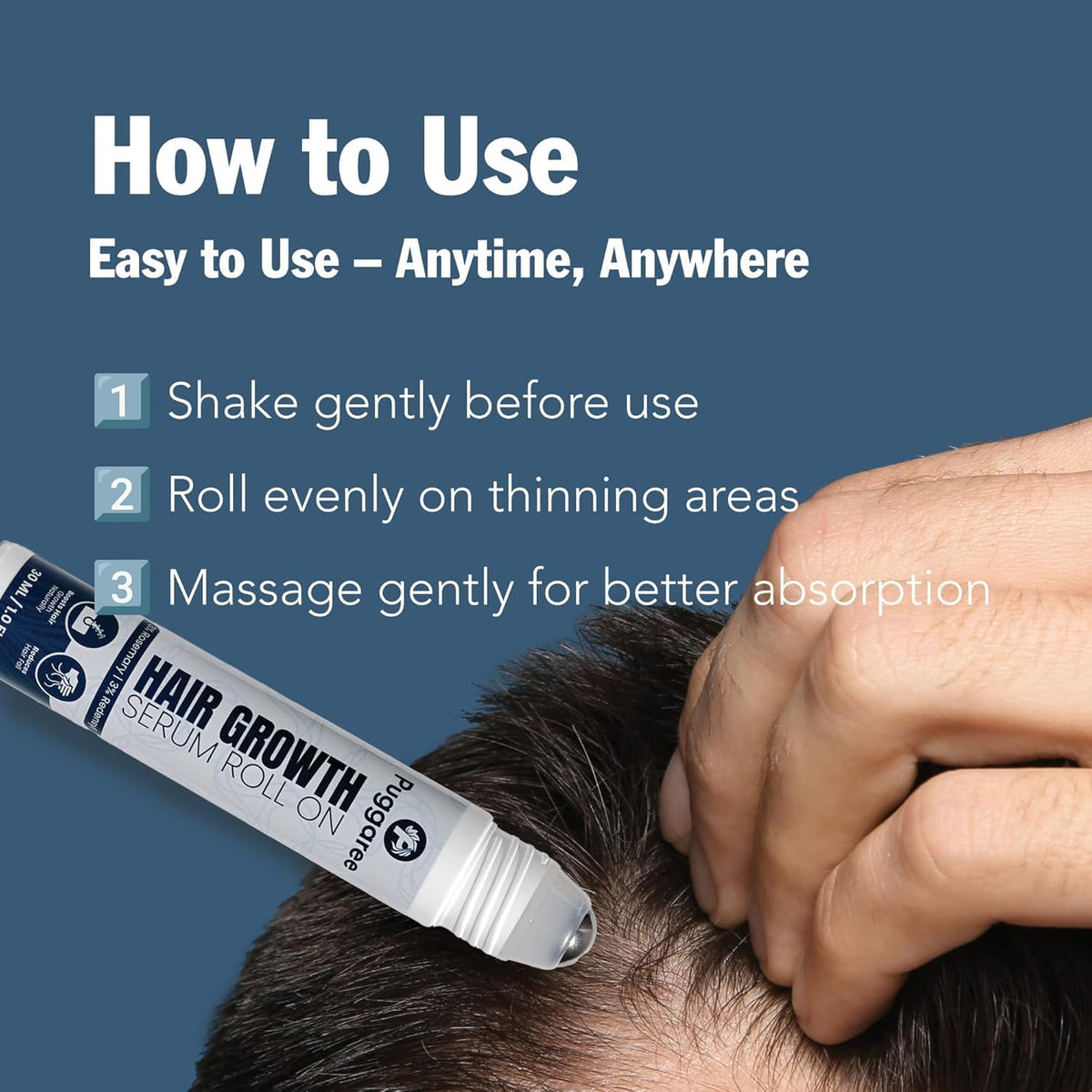 Puggaree roll-on tip close-up highlighting precise applicator for targeted scalp placement