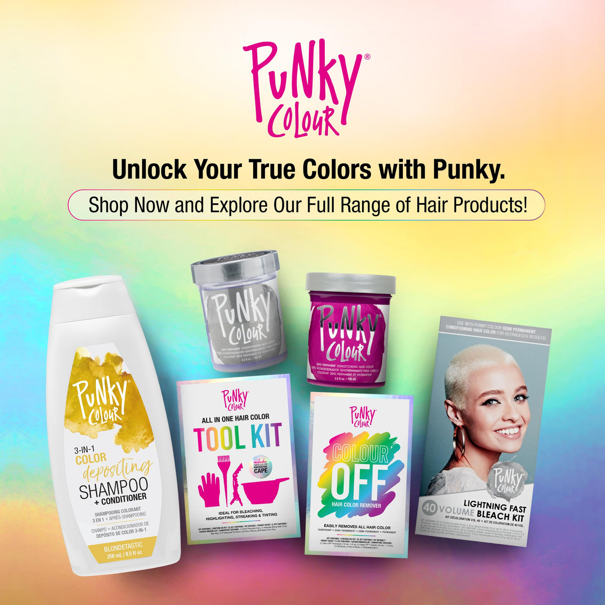Punky Blondetastic bottle staged on bathroom shelf in natural light, lifestyle ease benefit