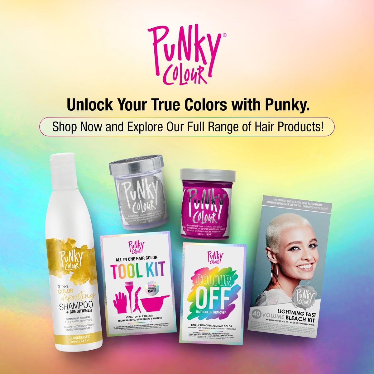 Punky Blondetastic next to a common household item to show 8.5 fl oz scale benefit