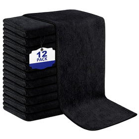 Puomue front view of 12-pack black towels showing professional value