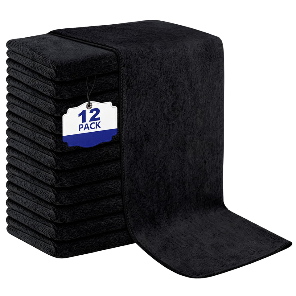 Puomue front view of 12-pack black towels showing professional value