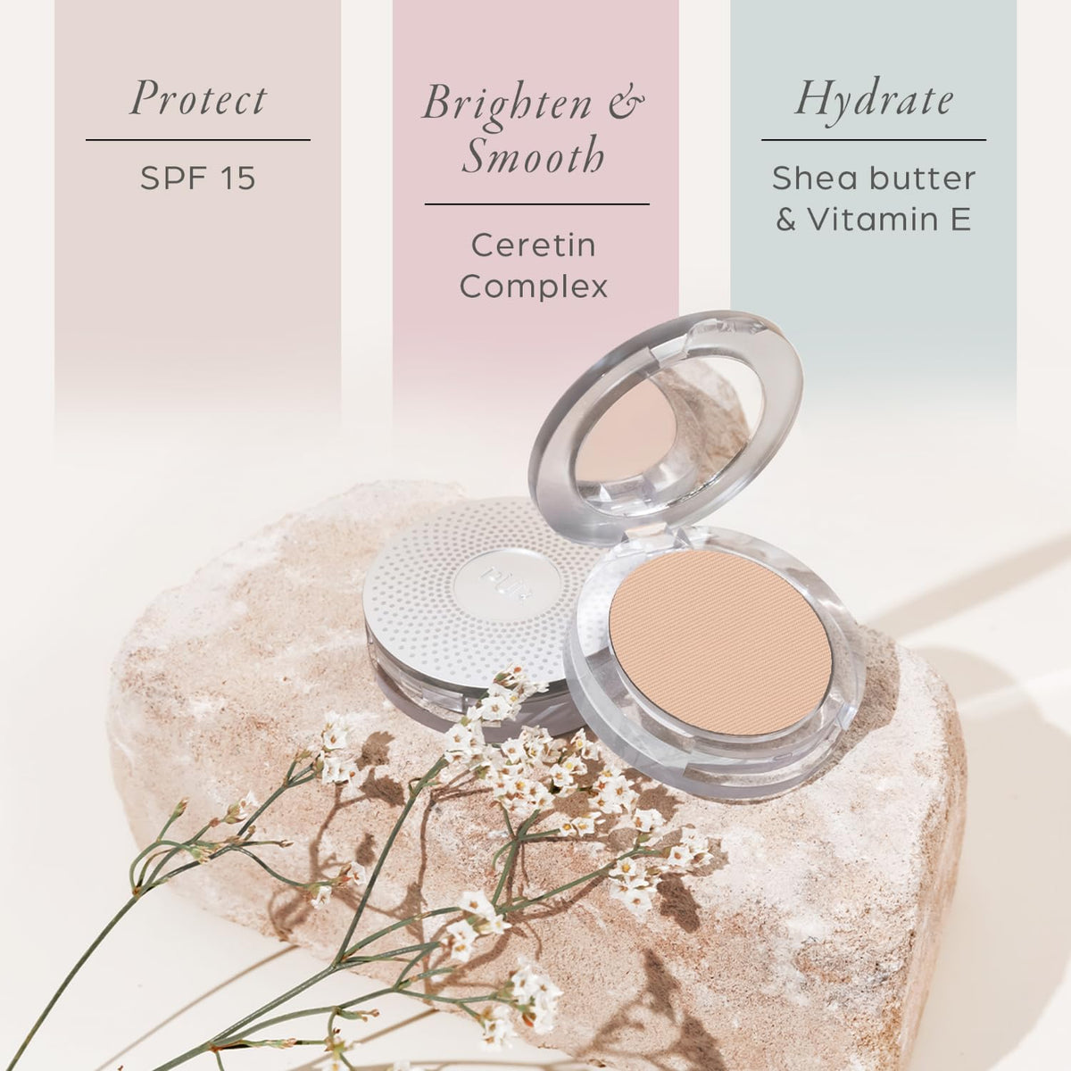 PÜR MINERALS swatch on skin in light shade showing buildable coverage and natural finish