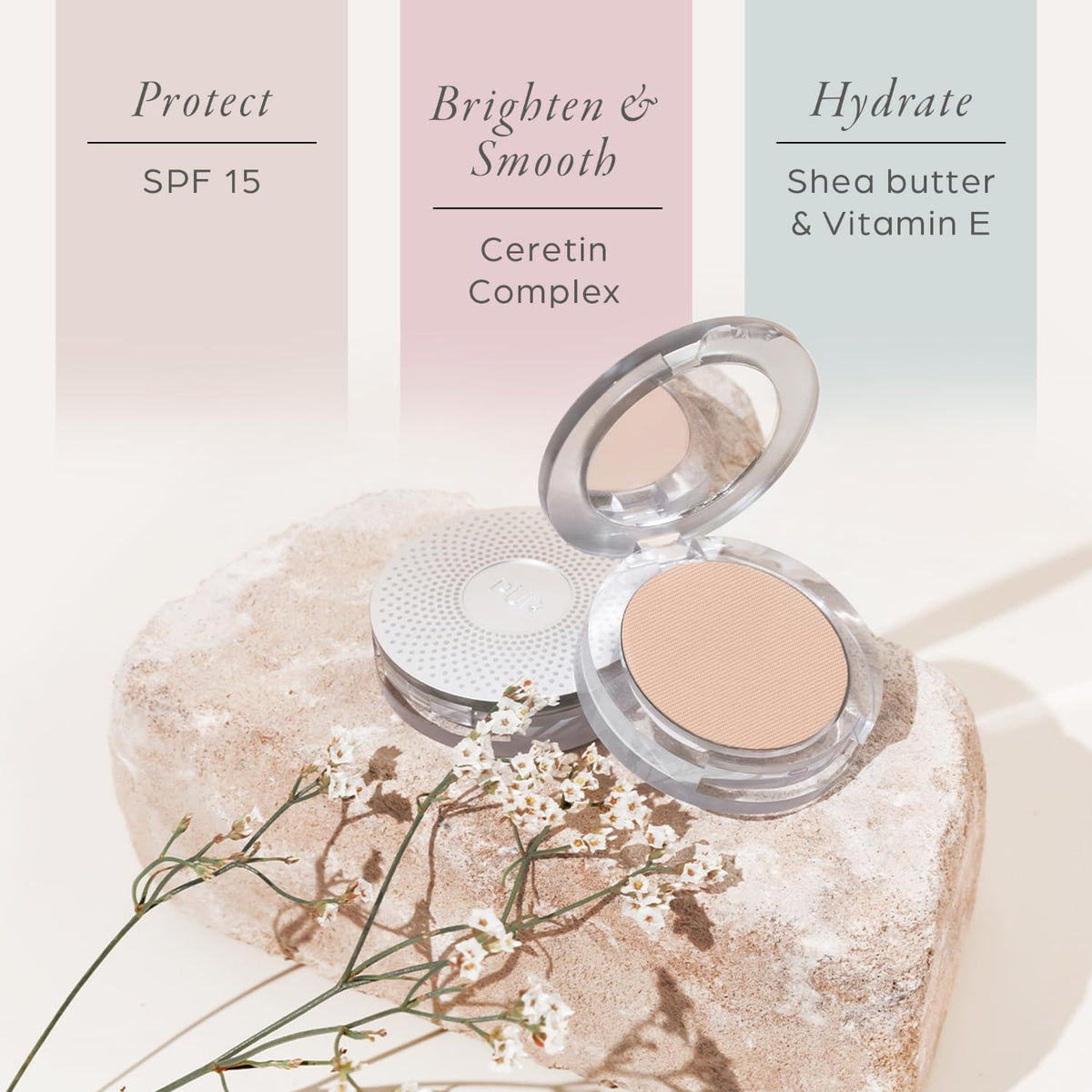 PÜR MINERALS compact held in hand showing travel-friendly size benefit