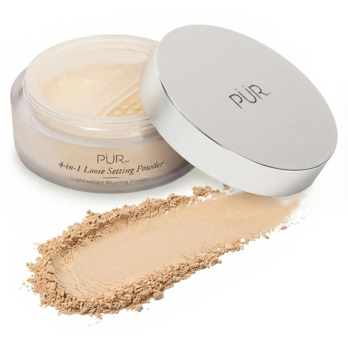 PÜR MINERALS front packaging showing translucent loose setting powder and compact lid benefit finish