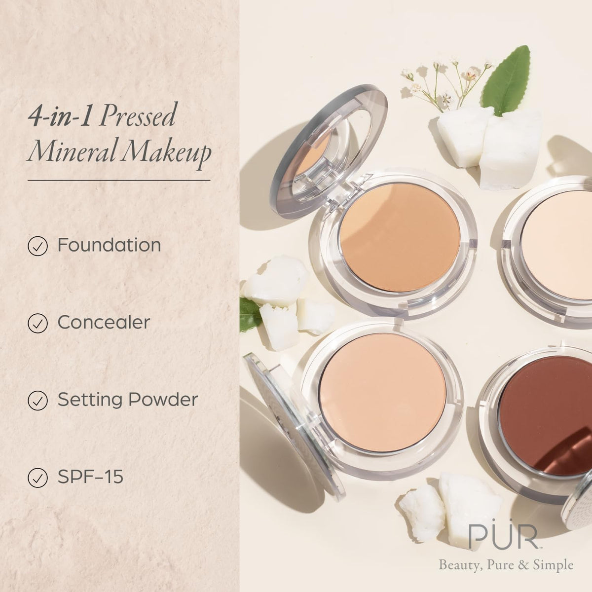 PÜR MINERALS open compact showing pressed powder surface for quick touch-ups