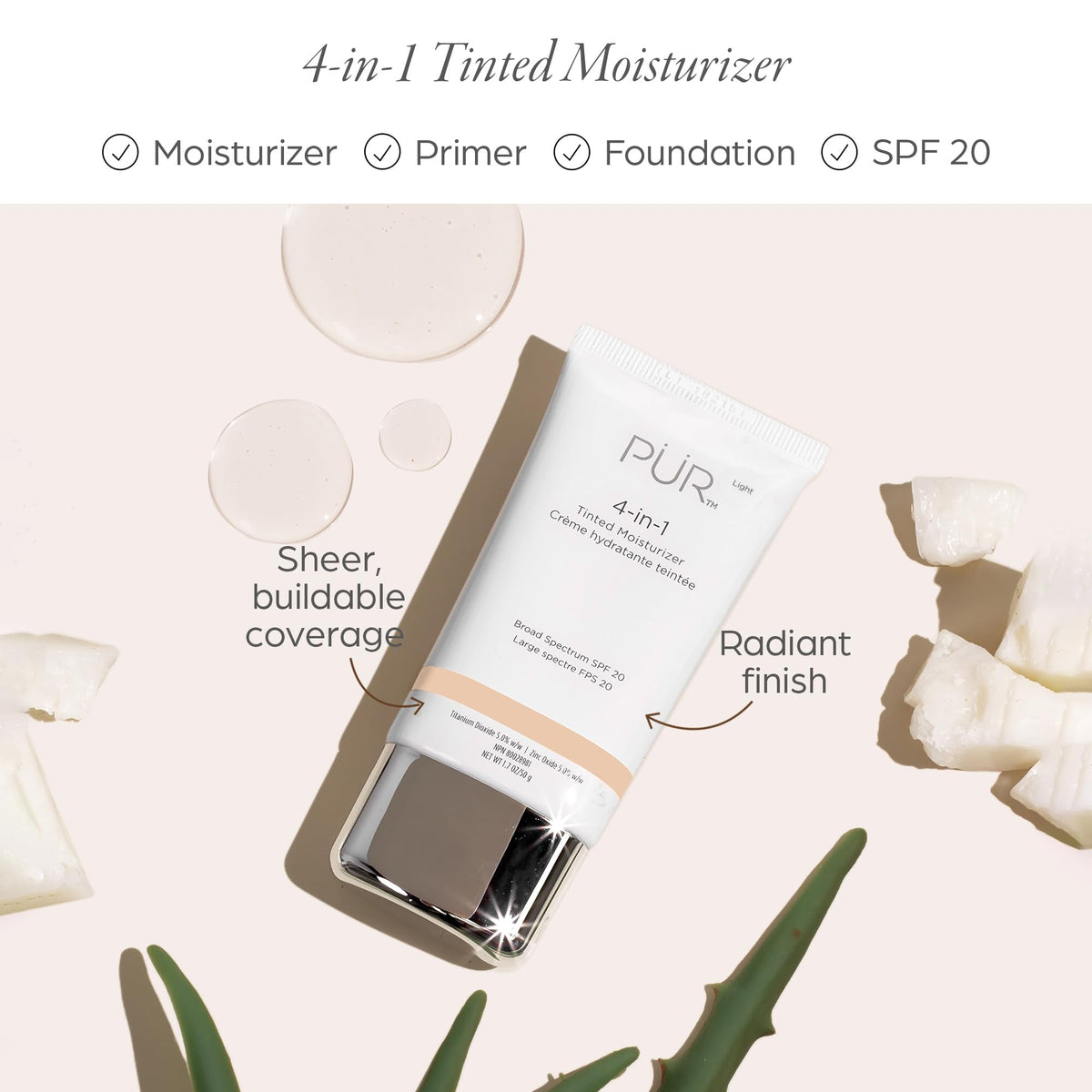 PÜR MINERALS tube and cap close-up highlighting easy-dispense and travel-friendly