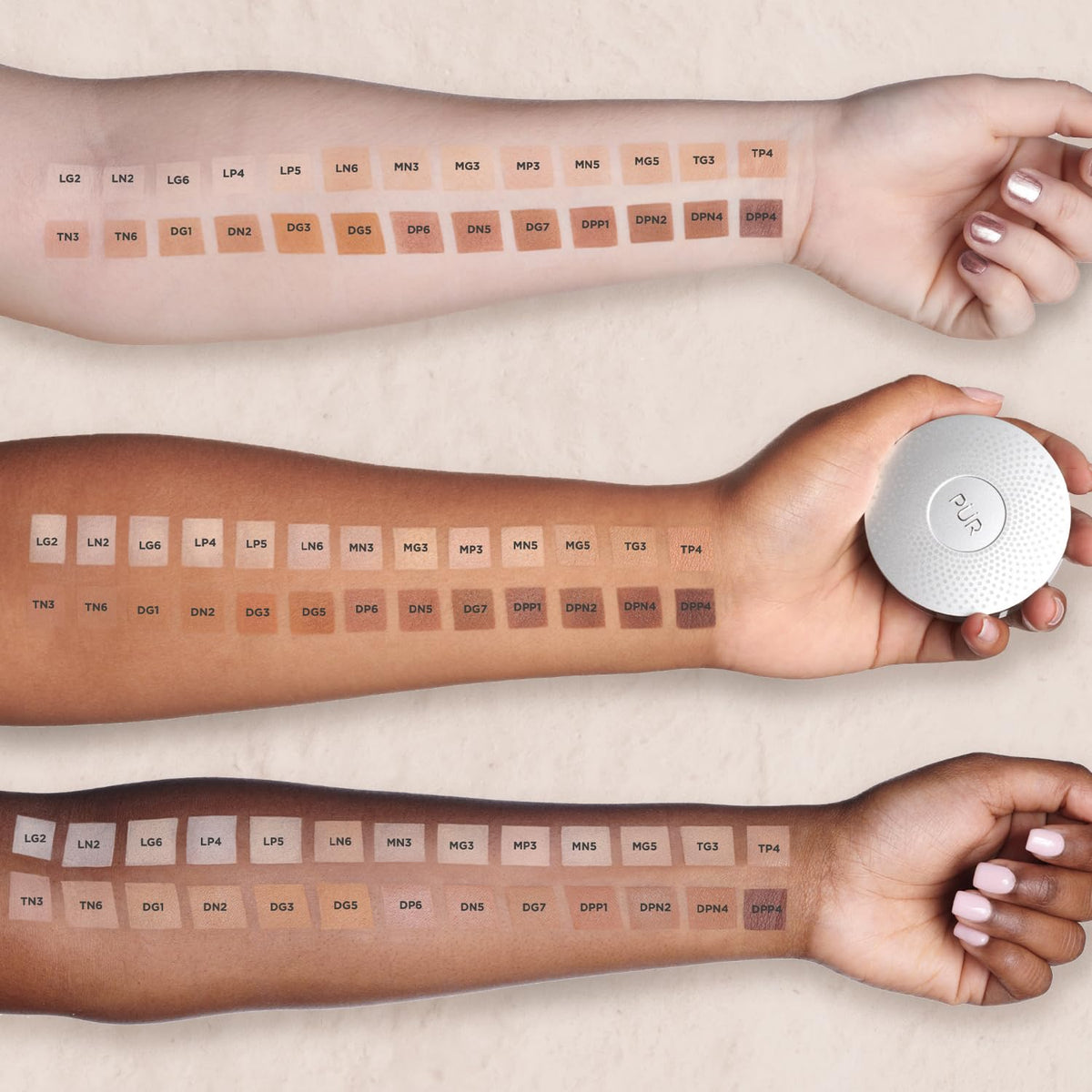 PÜR MINERALS Vanilla swatch on wrist demonstrating buildable coverage benefit