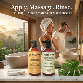 PURA D'OR active ingredients collage with nettle, pumpkin seed, and oils