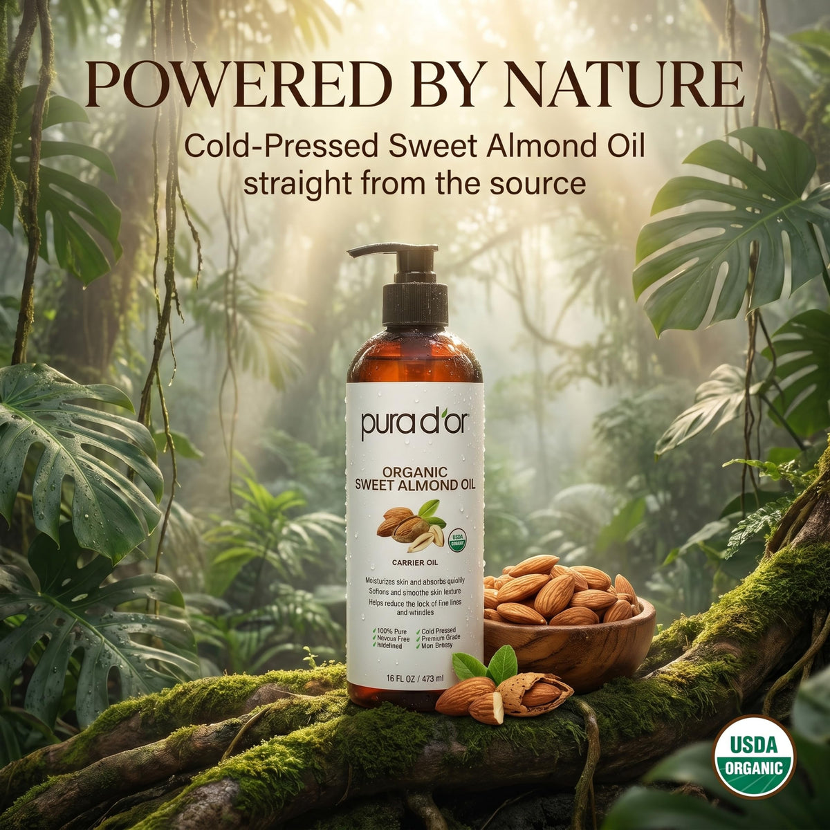 PURA D'OR label close-up highlighting USDA Organic and cold-pressed benefits