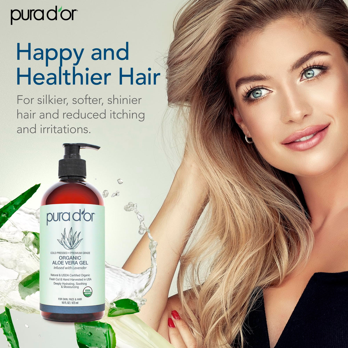PURA D'OR gel worked into hair showing improved moisture benefit