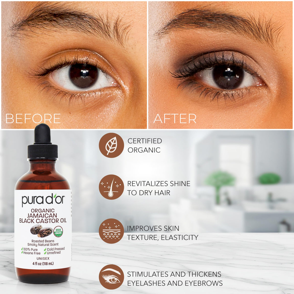 PURA D'OR applying castor oil to brows with wand for targeted grooming benefit