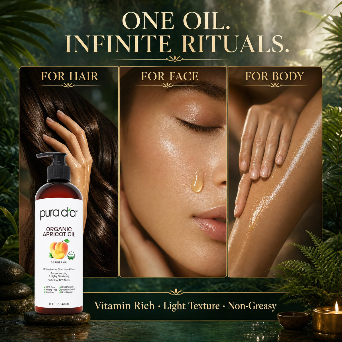 PURA D'OR applied to hair ends to show smoothing and nourishing benefit