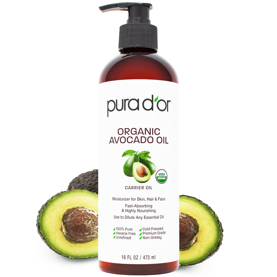 PURA D'OR front packaging showing organic avocado oil and benefits